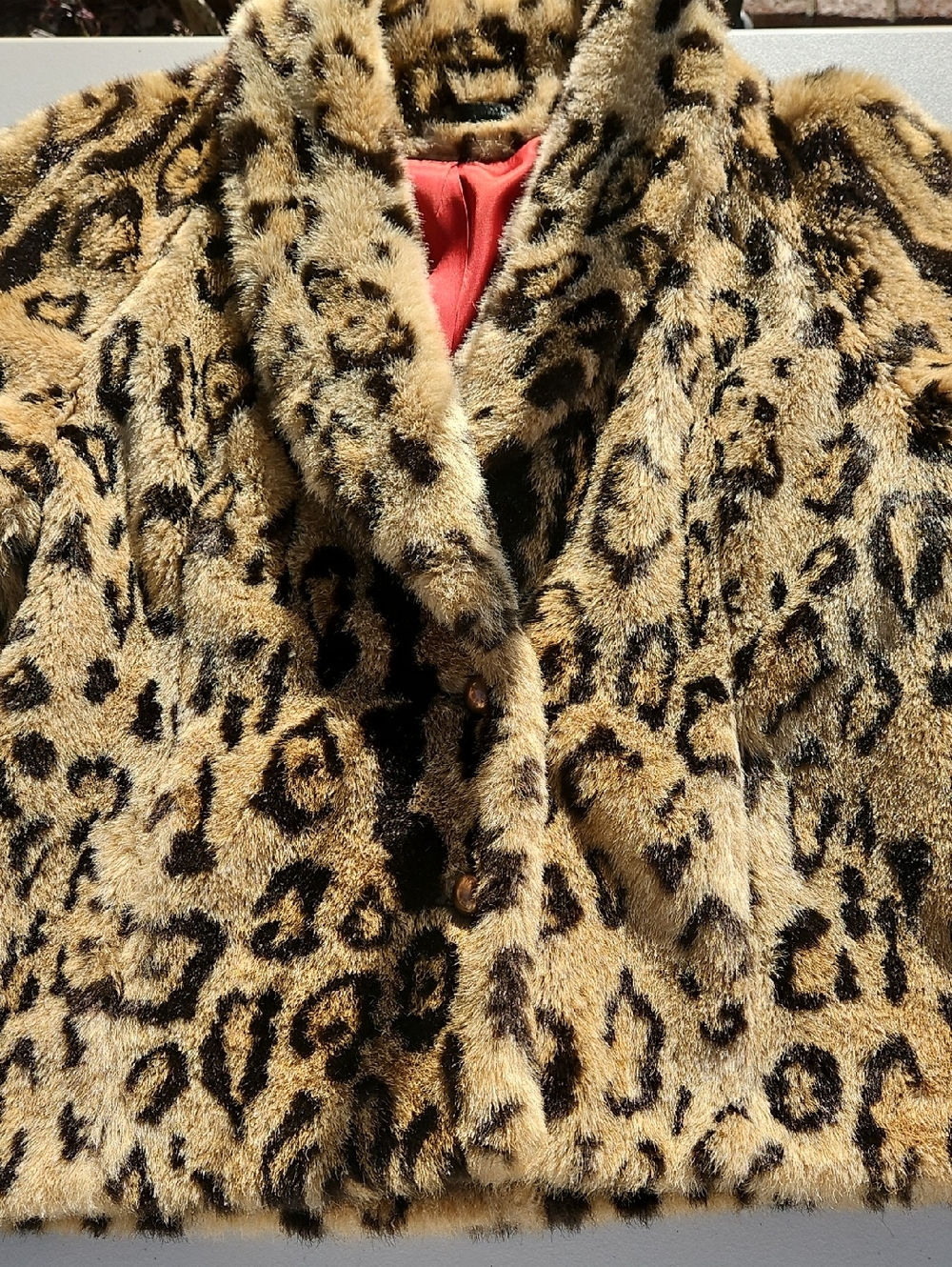 Faux Leopard Vintage Coat - Tan/Black, Hot Red Lining